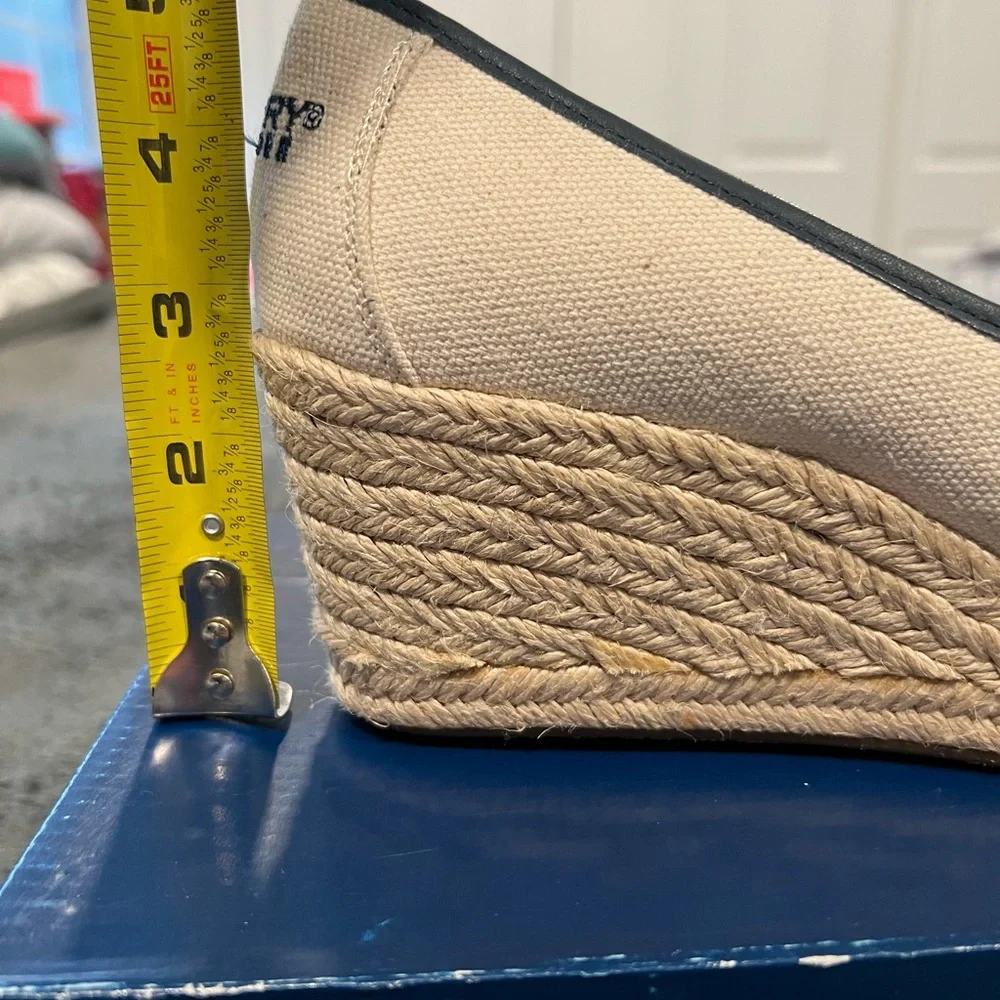 Sperry Cream Canvas Wedge Espadrilles with Navy Rope Detail